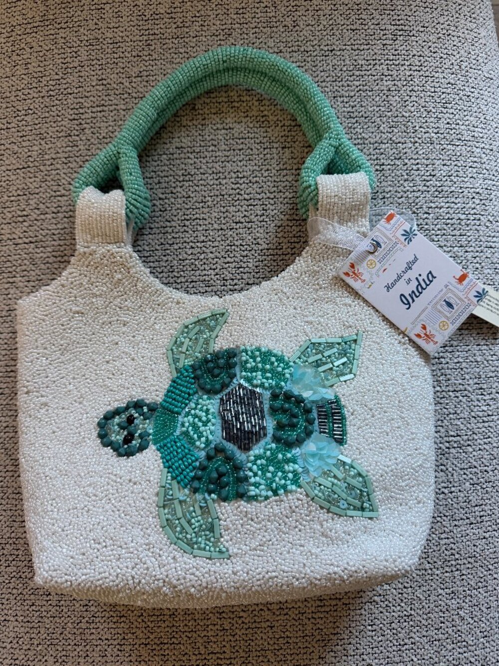 Sea Turtle Beaded Small Top Handle Tote Bag Handcrafted in India NWT